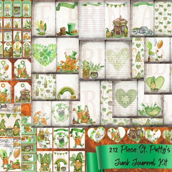 212 Piece St. Patrick's Day Gnome Junk Journal Kit -  St Patty's Printable Pages - Green Ephemera - Digital Download - Embellishments - PDF