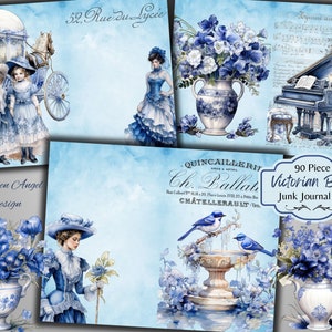 Victoriaanse blauwe Junk Journal Kit - blauwe afdrukbare papieren - Ephemera - digitale download - ATC - JPG - gratis fysiek commercieel gebruik