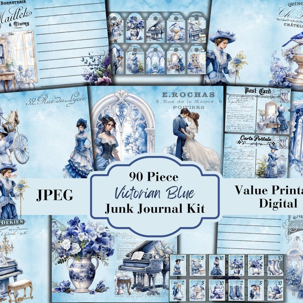 90 Piece Victorian Blue Junk Journal Kit - Blue Printable Papers -Ephemera - Digital Download - Embellishments - ATC Cards - JPEG  File