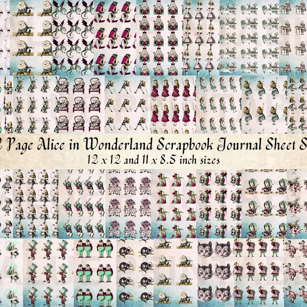 32 Page Alice in Wonderland Digital Journal Sheets Paper Pack - 12 x 12 and 11 x 8.5 - Printable Scrapbook Paper - PDF Download