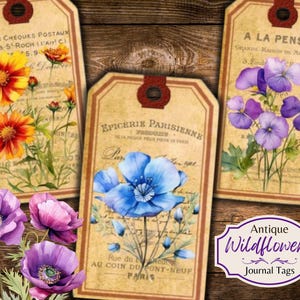 Antieke wilde bloemen cadeau dagboek tags set één - afdrukbare ephemera - tijdschriftbenodigdheden - bloemenafbeeldingen - JPG - gratis fysiek commercieel gebruik