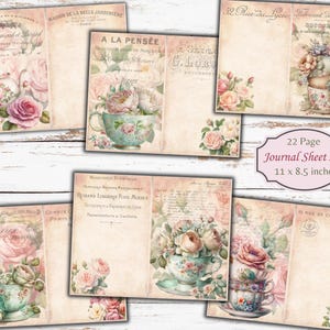 May include: A set of 22 printable journal pages featuring vintage floral designs with teacups and roses. The pages are 11 inches by 8.5 inches.