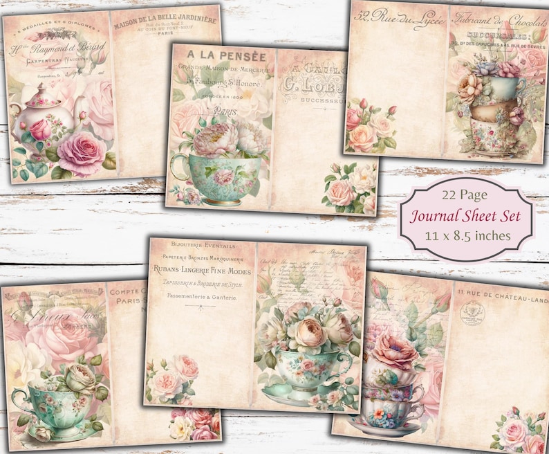 May include: A set of 22 printable journal pages featuring vintage floral designs with teacups and roses. The pages are 11 inches by 8.5 inches.