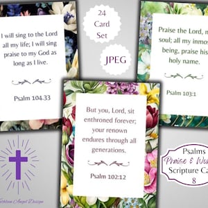 Louvor e Adoração Série Salmos 8 Cartões de Versículos Bíblicos com Borda Floral - Ephemera Cristã - Digital - Uso Comercial Físico Gratuito