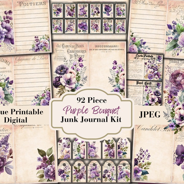 92 Piece Purple Floral Bouquet Junk Journal Kit - Ephemera - Digital Download - Botanical Embellishments - ATC Cards - JPEG File