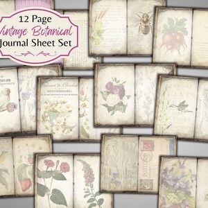 Puede incluir: Un conjunto de 12 p&aacute;ginas de diario bot&aacute;nico vintage con ilustraciones de flores, plantas e insectos. Las p&aacute;ginas est&aacute;n impresas en papel texturizado y tienen un aspecto desgastado. El texto en las p&aacute;ginas incluye "Arvanise Pour Colporteune", "Fabryant de Chocolate", "ATOMY PLANTS D" y "BERNAY JEUNE & C".