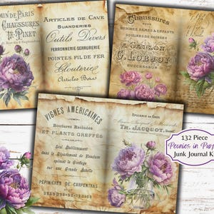 Botanische pioenrozen in paars Junk Journal Kit - kortstondige bloemen - afdrukbaar - ATC-kaarten - JPEG - gratis fysiek commercieel gebruik