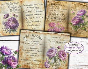 Purple Peonies Junk Journal Kit: Floral Ephemera (Digital Download)