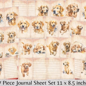 Pu&ograve; includere: Un set di 17 fogli di diario stampabili con illustrazioni ad acquerello di cani golden retriever in varie pose. I fogli sono progettati per l'uso in un diario di 28 x 21,5 cm.