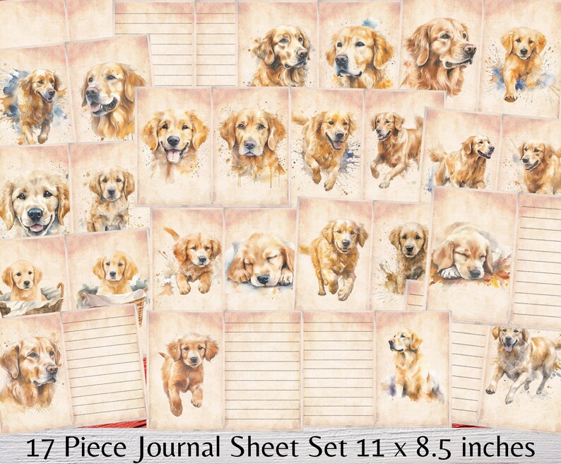 Pu&ograve; includere: Un set di 17 fogli di diario stampabili con illustrazioni ad acquerello di cani golden retriever in varie pose. I fogli sono progettati per l'uso in un diario di 28 x 21,5 cm.