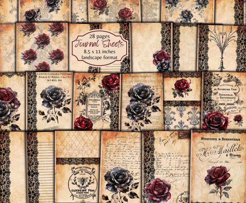 Black Lace Roses Junk Journal Pages: Gothic Floral Collage (digital ...