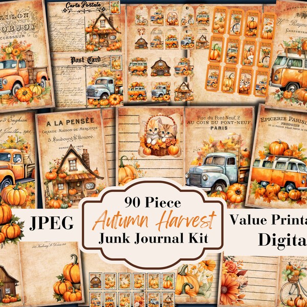 90 Piece Autumn Harvest Thanksgiving Junk Journal Kit - Fall Printable Pages - Ephemera - Digital Download - Embellishment - JPEG File