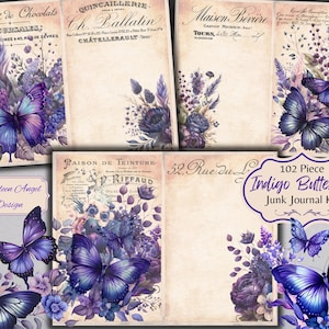 Kit de journal indésirable papillon bleu indigo - éphémères - téléchargement numérique - botanique - ATC - JPG - usage commercial physique gratuit
