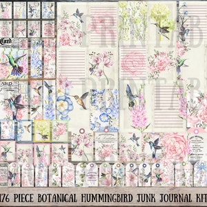 Botanische kolibrie Junk Journal Kit - afdrukbare pagina's - vogel Ephemera - digitale download - ATC-kaarten - pdf - gratis fysiek commercieel gebruik