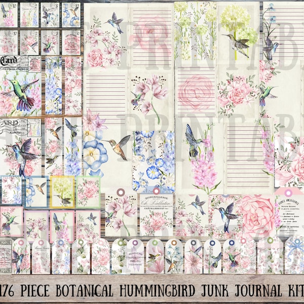 176 Piece Botanical Hummingbird Junk Journal Kit - Printable Pages - Bird Ephemera - Digital Download - Embellishments - ATC Cards - PDF