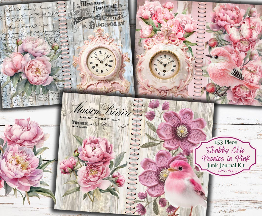 Pink Peonies Shabby Chic Junk Journal Kit: Printable Ephemera (digital ...