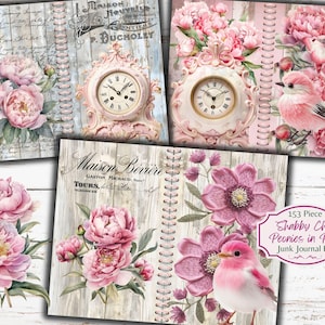 Roze pioenrozen botanische Floral Junk Journal Kit - Peony Journal - afdrukbare ephemera - digitaal - JPG - gratis fysiek commercieel gebruik