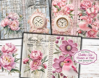 Pink Peonies Shabby Chic Junk Journal Kit: Printable Ephemera (Digital Download, Commercial Use OK