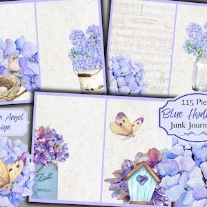 Kit de diário de lixo floral de hortênsia azul - Páginas para impressão - Ephemera - Download digital - Enfeites - JPG - Uso comercial físico gratuito