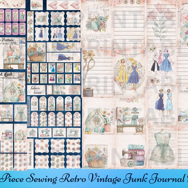 214 Piece Sewing Retro Vintage Junk Journal Kit - Printable Pages - Ephemera - Digital Download - Embellishments - ATC Cards - PDF File