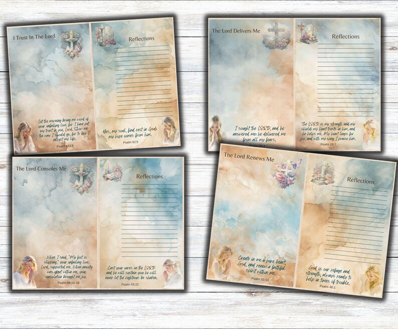 Peut inclure: Un ensemble de pages de journalisation imprimables avec des arri&egrave;re-plans aquarelle et des citations inspirantes sur la confiance en le Seigneur. Les pages comprennent des versets de la Bible, tels que "J'ai cherch&eacute; l'&Eacute;ternel, et il m'a r&eacute;pondu, il m'a d&eacute;livr&eacute; de toutes mes craintes." et "Cr&eacute;e en moi un c&oelig;ur pur, &ocirc; Dieu, et renouvelle en moi un esprit ferme."