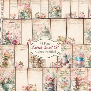 May include: A set of 38 printable journal pages featuring vintage floral designs with teacups, teapots, and roses. The pages are available in five different sizes.  The text on the pages reads "MEDAILLE D'OR Exposition Univelle PARIS ELE", "Negociant en VINS", "52 Rue De Lycke", "Cunlifet.STA", "Sarcastilla Costumes & Confections Dames", and "A LA PENS&Eacute;E".
