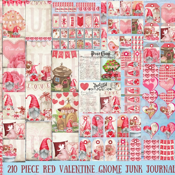 210 Piece Red Gnome Valentine Heart Junk Journal Kit - Printable Pages - Pink Ephemera - Digital Download - Embellishments - PDF Files