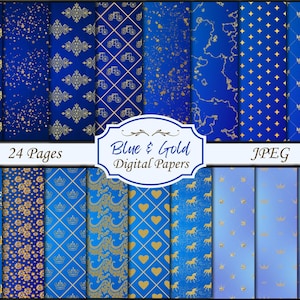 Blue and Gold Digital Papers  -  Seamless Printable Junk Journal Pages - Printable Paper  - Scrapbook Paper - Free Commercial Use