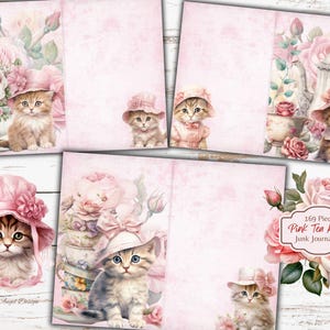 Roze theepot Kitties Junk Journal Kit - Kitten Journal - afdrukbare kat katachtige Ephemera - digitaal - gratis fysiek commercieel gebruik