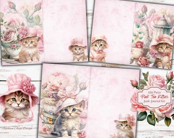 Pink Teapot Kitties Junk Journal Kit: Feline Ephemera (Digital Download)