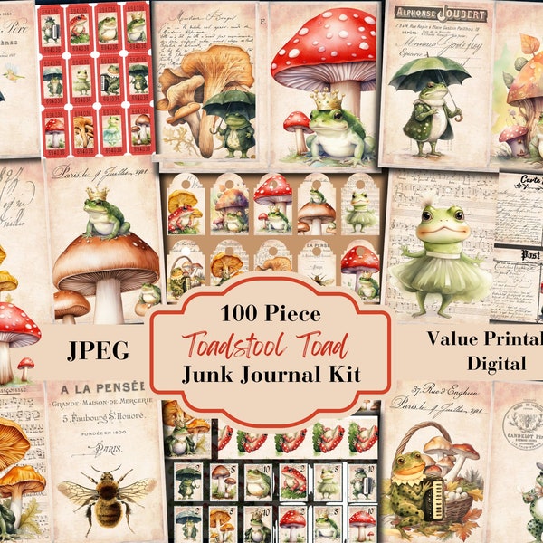 100 Piece Toadstool Toad Junk Journal Kit - Mushroom Printable Pages - Ephemera - ATC - Digital Download - Embellishment - JPEG File