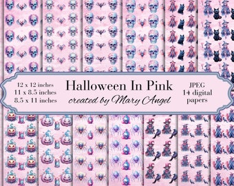 Pack de papier de feuilles de journal numérique Halloween en rose de 14 pages - 3 ensembles - 12 x 12, 8,5 x 11 et 11 x 8,5 po - Papier scrapbook imprimable - JPEG