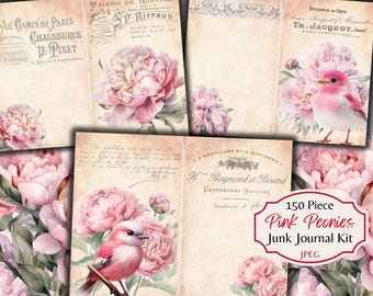 Pink Peonies Junk Journal Kit: Shabby Chic Floral Ephemera (Digital Download, Commercial Use OK