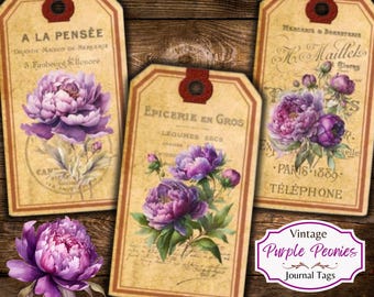 Vintage Purple Peonies Journal Tags: Printable Ephemera (JPG)