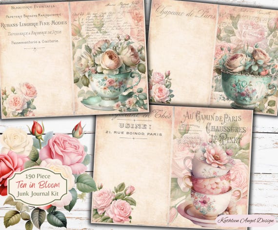 Shabby Chic Floral Teapot Junk Journal Kit: Printable Ephemera (Digital Download)