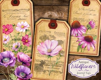 Antique Wildflower Journal Tags: Vintage Ephemera Set (JPG Digital Download)