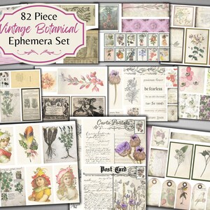 Puede incluir: Una hoja de collage digital con 82 ilustraciones bot&aacute;nicas vintage y ef&iacute;meras. La hoja incluye im&aacute;genes de flores, plantas, hojas y texto. El texto incluye las palabras "Carte Postale" y "Post Card".