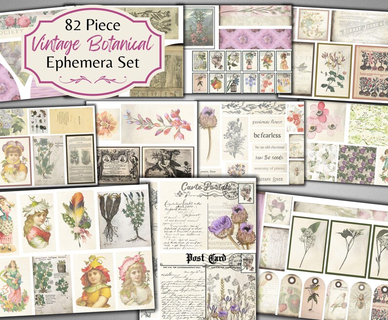 Puede incluir: Una hoja de collage digital con 82 ilustraciones bot&aacute;nicas vintage y ef&iacute;meras. La hoja incluye im&aacute;genes de flores, plantas, hojas y texto. El texto incluye las palabras "Carte Postale" y "Post Card".