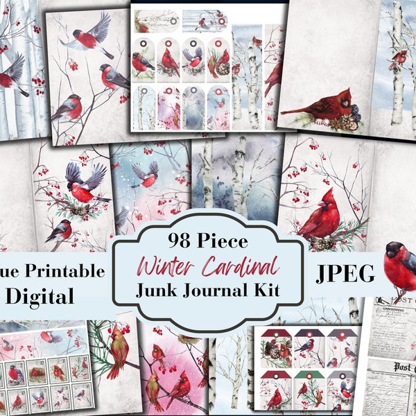 98 Piece Winter Cardinal Junk Journal Kit - Botanical Christmas Printable - Bird Ephemera - Digital Download - Embellishments - JPEG File