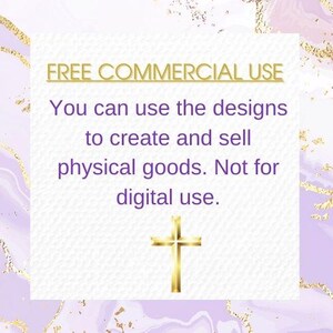 Peut inclure: Un fond violet et blanc avec une bo&icirc;te de texte dor&eacute;e qui dit "FREE COMMERCIAL USE" et "You can use the designs to create and sell physical goods. Not for digital use." Une croix dor&eacute;e se trouve sous le texte.