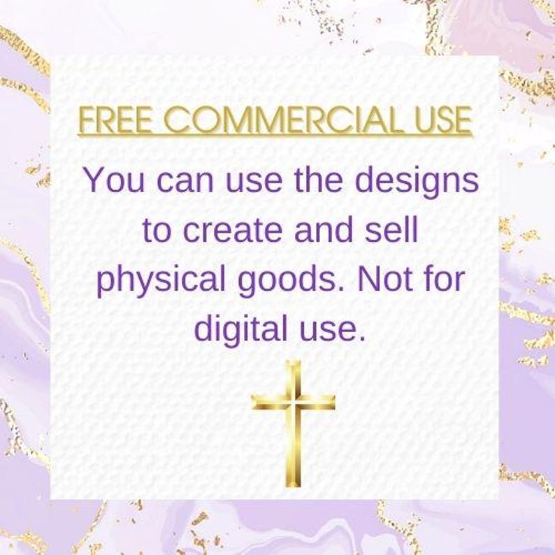 Peut inclure: Un fond violet et blanc avec une bo&icirc;te de texte dor&eacute;e qui dit "FREE COMMERCIAL USE" et "You can use the designs to create and sell physical goods. Not for digital use." Une croix dor&eacute;e se trouve sous le texte.