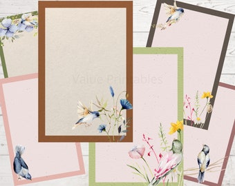Aquarell Vögel & Blumen Journal Seiten: Druckbares liniertes Papier (Digitaler Download)