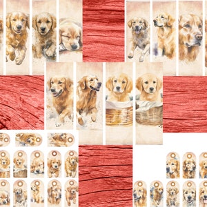 Pu&ograve; includere: Un collage digitale di dipinti ad acquerello con cuccioli di golden retriever in varie pose. Le immagini sono disposte in una griglia con uno sfondo in legno rosso.