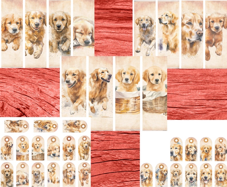 Pu&ograve; includere: Un collage digitale di dipinti ad acquerello con cuccioli di golden retriever in varie pose. Le immagini sono disposte in una griglia con uno sfondo in legno rosso.