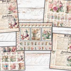 May include: A digital collage sheet with a vintage aesthetic featuring images of teacups, teapots, roses, and the text "Post Card" and "Carte Postale".