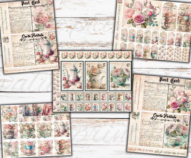 May include: A digital collage sheet with a vintage aesthetic featuring images of teacups, teapots, roses, and the text "Post Card" and "Carte Postale".