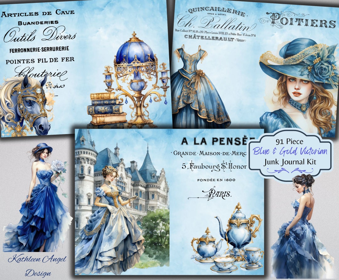 Blue & Gold Victorian Junk Journal Kit: Printable Ephemera (digital ...