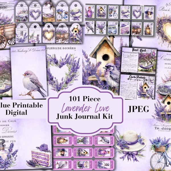 101 Piece Lavender Love Purple Floral Botanical Junk Journal Kit - Vintage Ephemera - Digital Download Insert- Embellishments - JPEG File