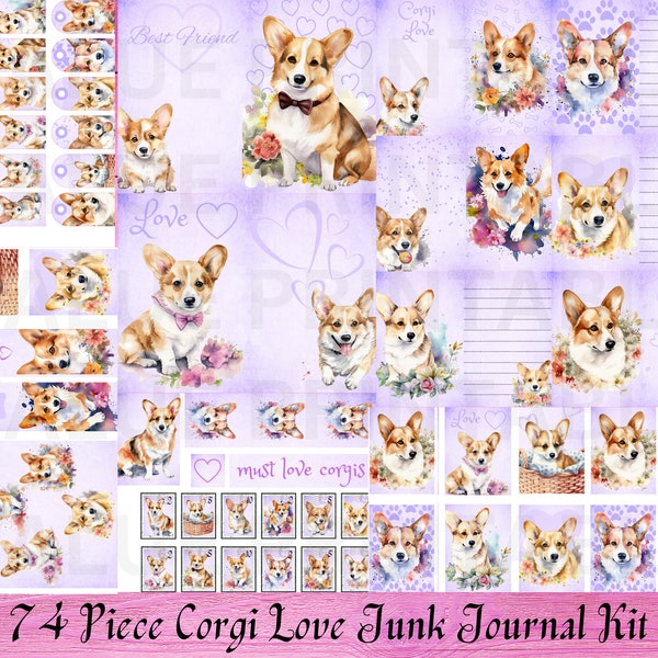 74 Piece Welsh Corgi Love Junk Journal Kit - Dog Printable Pages -Animal Ephemera - Puppy ATC Cards -Digital Download - PDF Files