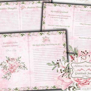 May include: A pink and green floral design journal with the title "Gratitude Journal" and the text "37 Pages". The journal has pages for writing positive thoughts, daily gratitude, and affirmations.